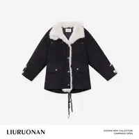 LIURUONAN 25WIN【复古拼毛绒领】极简翻领单排扣抽绳长袖羽绒服女