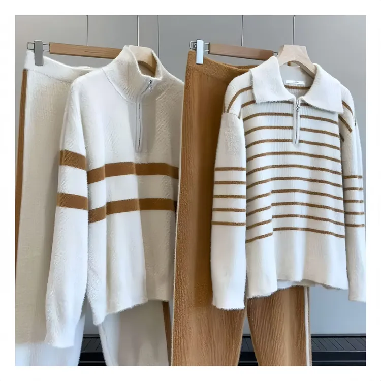 新款立领厚条纹针织长袖长裤家居服套装BB0409厚款可外穿家居套装