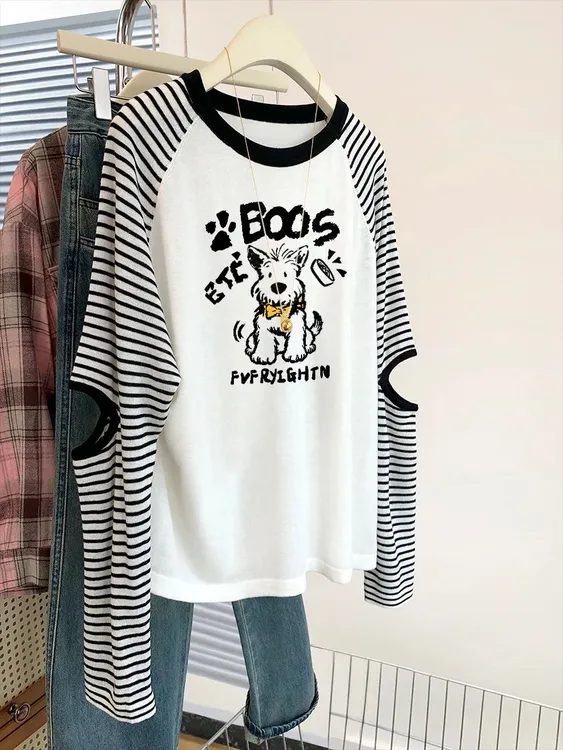 2025早秋新款大码女装撞色插肩条纹镂空长袖女韩版宽松胖MM上衣潮