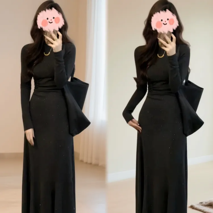 2025秋冬新款法式时尚气质百搭显瘦修身设计感细闪点缀连衣裙女