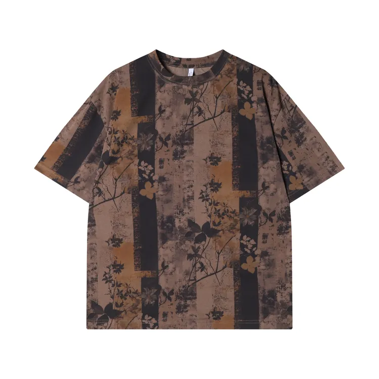 夏季新款时尚个性国潮树枝花朵树枝圆领短袖T恤国风百搭套头上衣