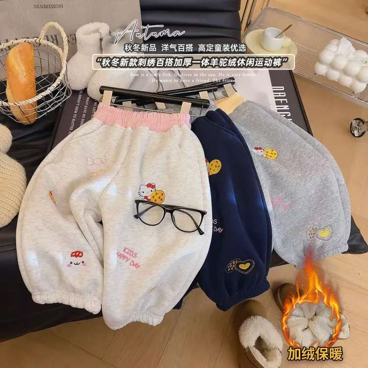 女童新款运动束脚加绒裤洋气卡通刺休闲舒适长裤保暖百搭可爱卫裤