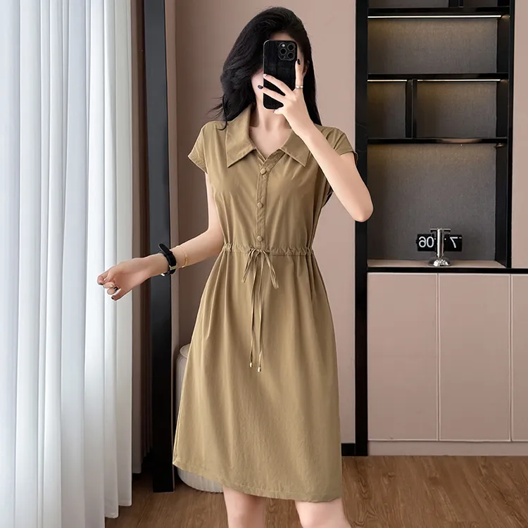 卡其色显瘦大码女装胖胖妹妹短袖连衣裙子夏季新款收腰韩版修身