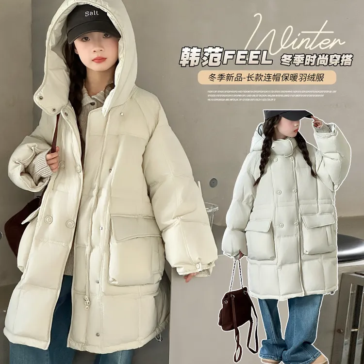 女童高端中长款羽绒服韩版连帽韩版90白鸭绒加厚外套儿童亲子冬装