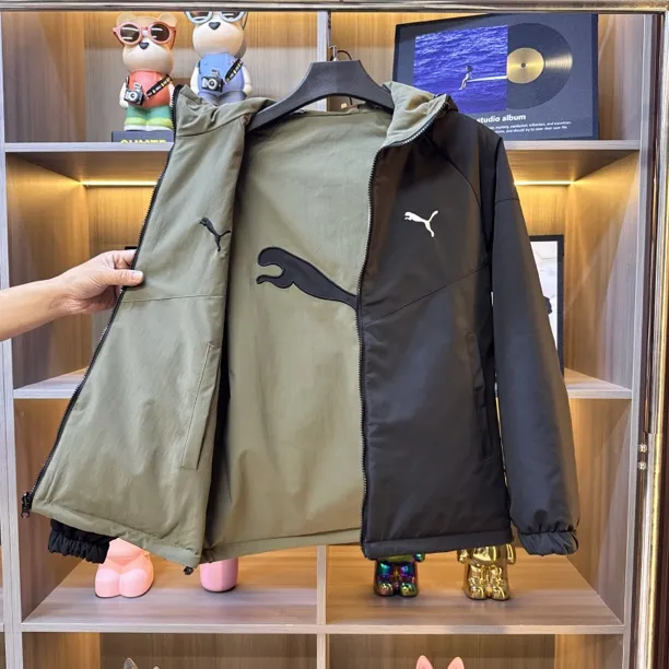 (双面棉服)秋冬新款男士修身休闲时尚百搭连帽薄棉棉服夹克-7786