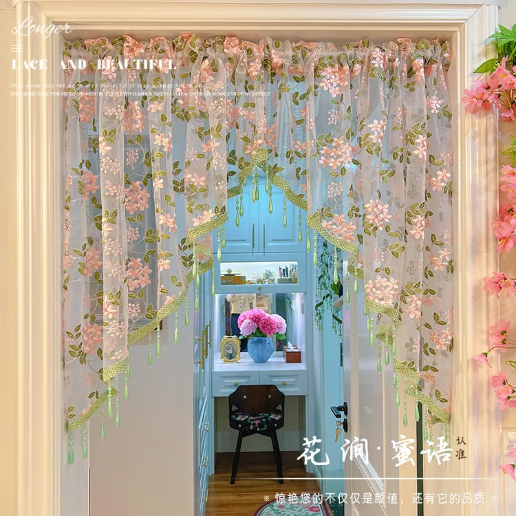 【加密刺绣】重工花卉复古门帘免打孔纱帘三角造型帘卧室隔断门帘