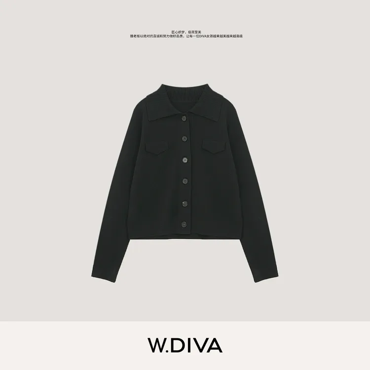 W.Diva【麦冬】100%极细美丽诺羊毛时尚舒适翻领开胸毛衣3Z2780413