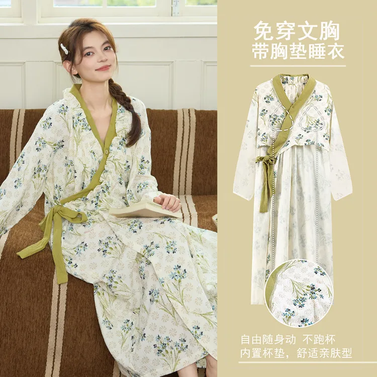 云朵棉系带睡裙女秋季甜美风长袖睡袍和服中长款带胸垫睡衣裙