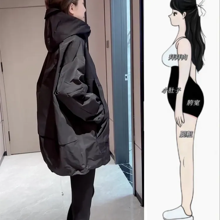 秋季新款大码女装欧货中长款连帽风衣外套宽松高级感时尚百搭上衣
