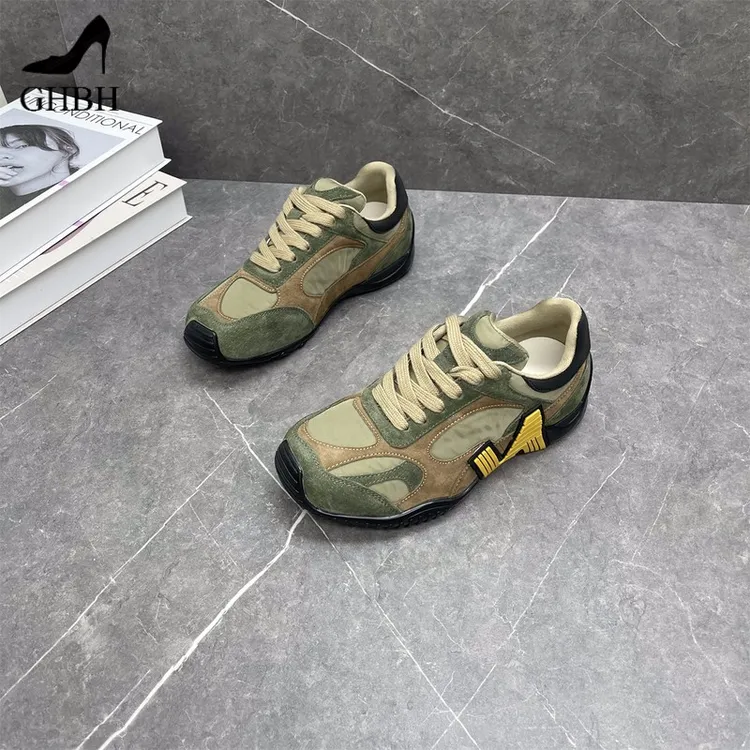 舒适复古德训鞋女秋新款百搭系带拼色厚底舒适休闲运动阿甘鞋