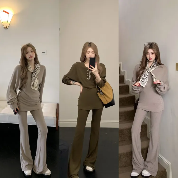 磨毛德绒针织长袖女秋冬季新款宽松显瘦内搭打底衫上衣长裤套装