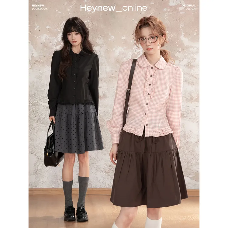 LOVEHEYNEW温柔系粉色格子木耳花边翻领衬衫女甜美气质上衣5Q644