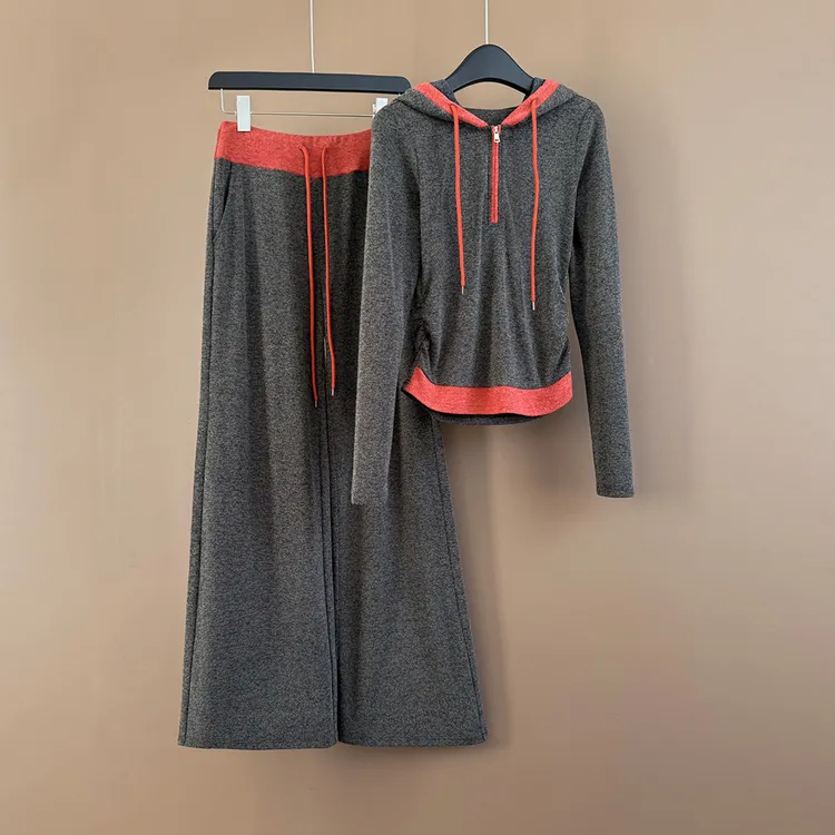 慵懒风一整套穿搭女春季时尚休闲撞色拼接长袖上衣阔腿长裤两件套