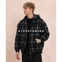 S123美式撞色格子棉服外套男女宽松百搭休闲开衫上衣潮