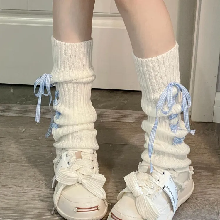 2025爆款格纹蝴蝶结堆堆袜y2k少女白色亚文化辣妹小众腿套显瘦