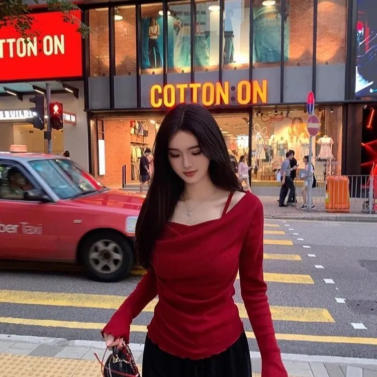 纯色假两件针织衫长袖上衣女生秋季耳边修身显瘦时尚百搭打底上衣