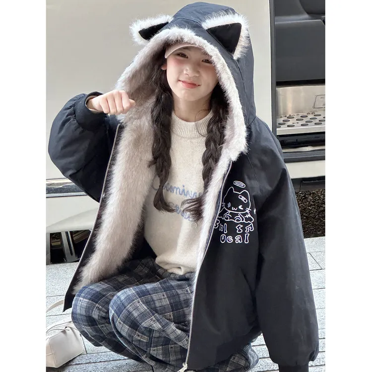K30459猫耳朵毛绒连帽女童夹棉加厚外套秋冬装2025新款保暖衣服潮