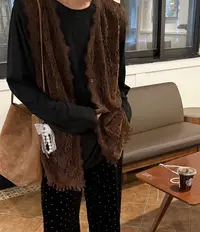 [麦霓严选]韩系简约纯色长袖T恤+重工蕾丝马甲坎肩两件套装9709
