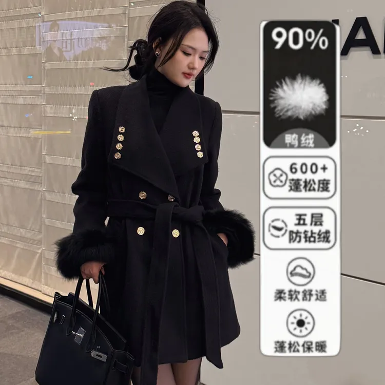 狐狸毛圈袖口羊毛大衣白鸭绒羽绒服西装外套加绒加厚韩版宽西服