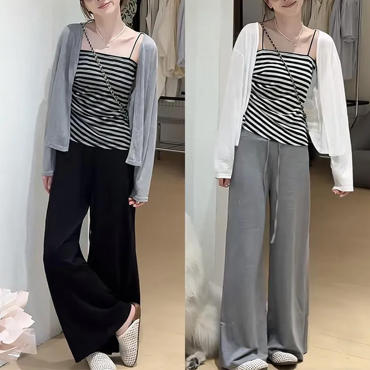 2025年夏季新款韩版一整套女装时尚条纹吊带防晒开衫休闲裤三件套