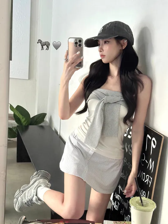 复古露背条纹绑带拼接设计感辣妹抹胸上衣高腰显瘦条纹A字半身裙