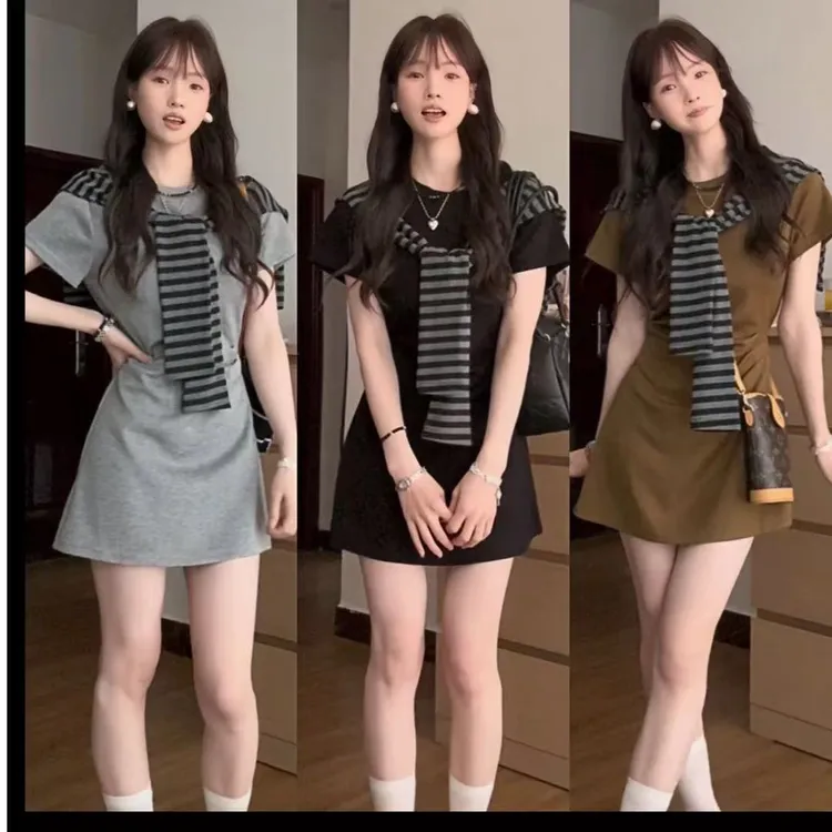 原创街头风极简风夏季短袖圆领披肩连衣裙时尚显瘦复古版长短裙