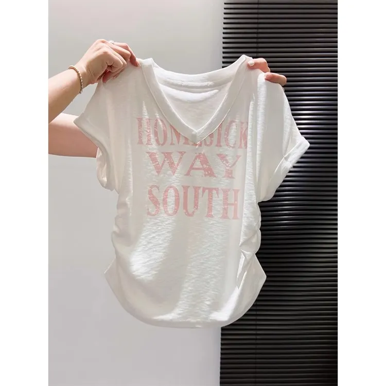 修身洋气V领夏季新款t恤设计感褶皱掐腰显瘦时尚小众休闲减龄上衣