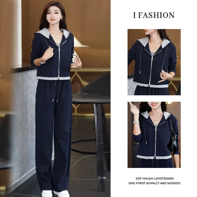 高含棉时尚运动服套装女2025年秋季新款假两件外套阔腿裤两件套潮