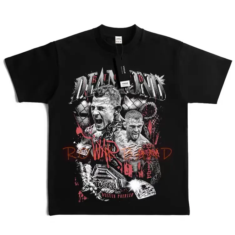 100%纯棉ufc钻石普瓦里尔印花短袖男美式复古街头风潮流时尚t恤衫