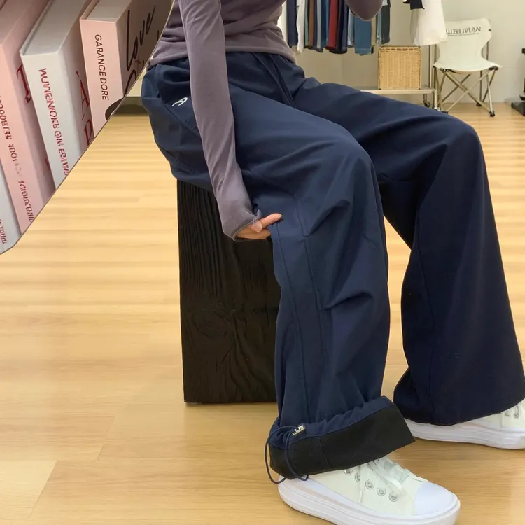 美式束脚工装运动裤女秋冬加绒高腰宽松显瘦胖mm大码藏青色休闲裤