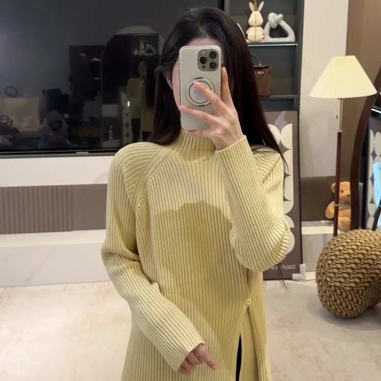 宿慕SUMU  纯色时尚半高领开叉针织衫11-4冬季新款毛衣28393