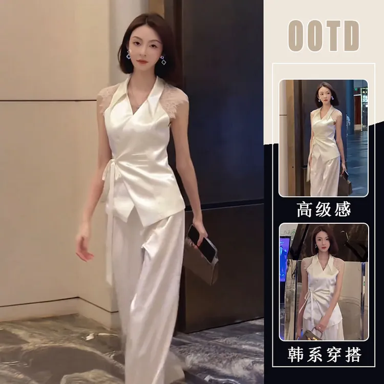 法式气质蕾丝无袖上衣休闲阔腿裤女装2025夏季新款名媛缎面两件套