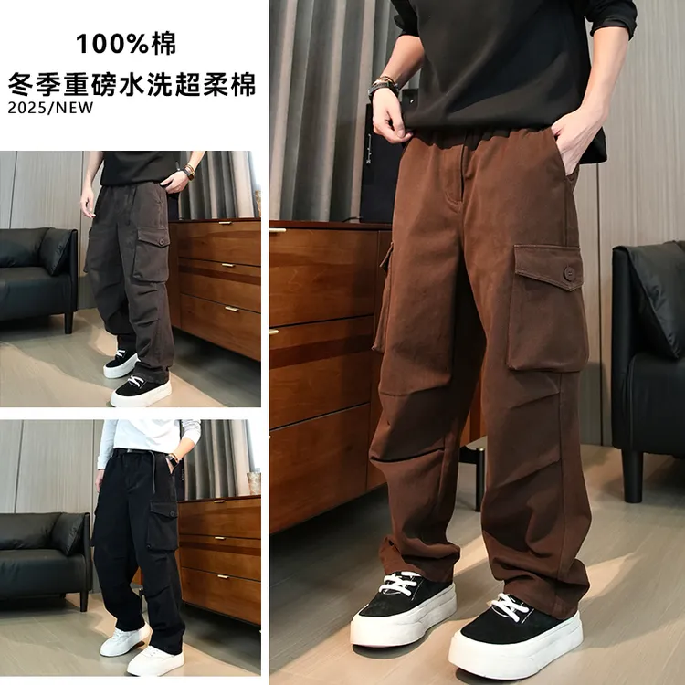 冬款加厚【100%棉】冬季加厚重磅水洗做旧美式复古口袋纯棉休闲哈伦工装裤男