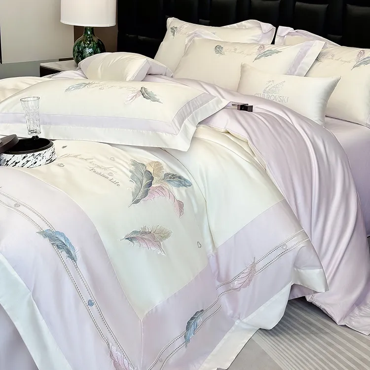 【彩羽】新款绣花轻奢风长绒棉四件套纯棉床上用品被套床单枕套全棉