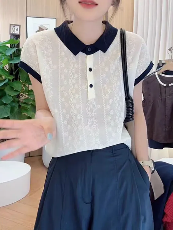 1433大码女装拼色polo领设计感洋气针织衫夏季新款韩系短袖上衣