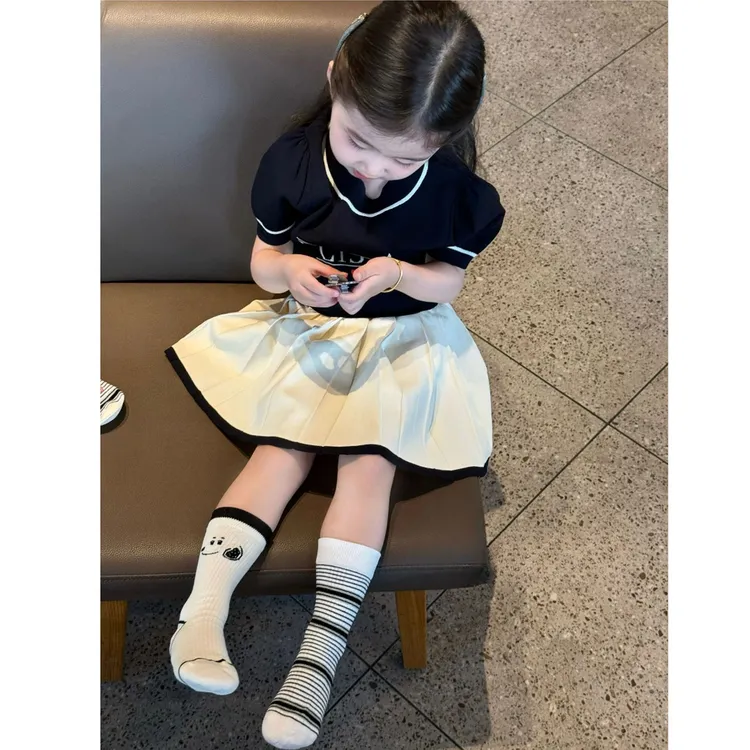 壹妈韩版童装女童夏季学院风套装夏季洋气儿童针织短袖上衣百褶裙