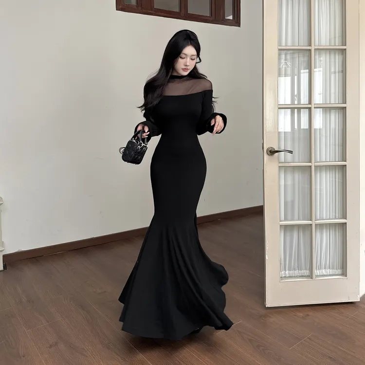 步步生莲网纱拼接秋冬内搭连衣裙气质显瘦高级感黑色鱼尾长裙