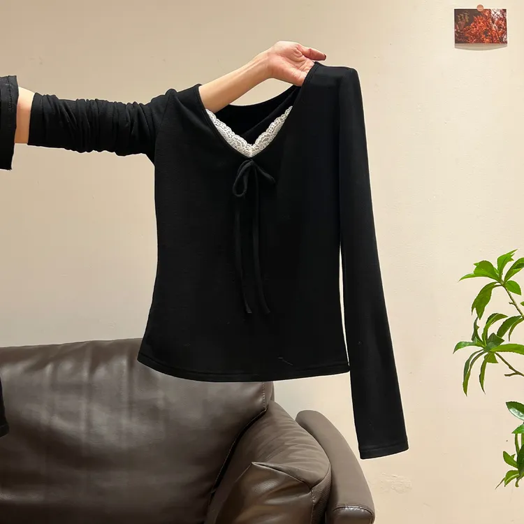 V领蕾丝拼接蝴蝶结长袖T恤女2025秋冬新款修身加厚加绒打底衫
