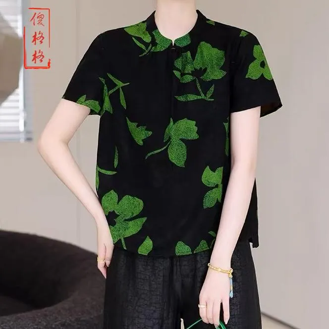 99182香云纱花萝新中式短袖上衣宽松版衬衫