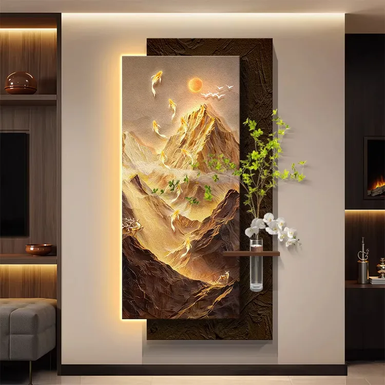 日照金山玄关装饰画入户正对门壁画灯造景高级感客厅走廊过道挂画
