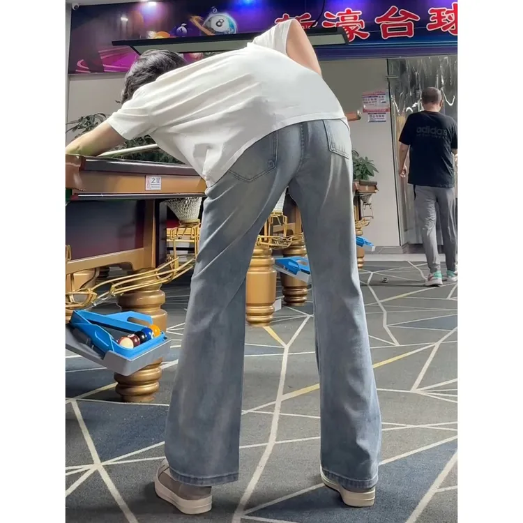 复古蓝高腰牛仔裤男款秋季美式直筒窄版裤子修身显腿长弯刀微喇裤
