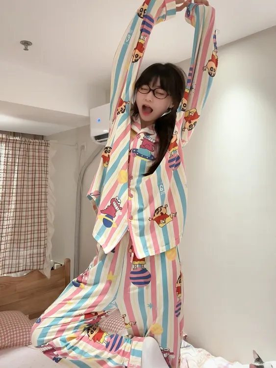 日系ins风甜美可爱卡通蜡笔小新睡衣女春秋长袖长裤家居服可外穿