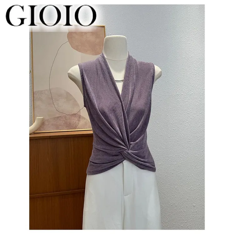 GIOIO高级感御姐轻熟V领扭结t恤女夏2025设计感小众不撞款修身无