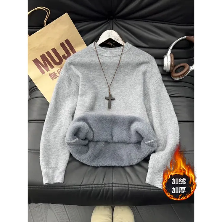 美式高级感毛衣男冬季加绒加厚保暖圆领套头慵懒风内搭打底针织衫