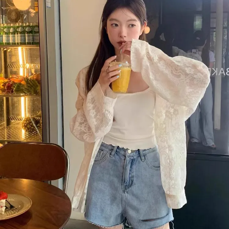 白色薄款蕾丝连帽防晒开衫女夏季海边度假沙滩外套慵懒风长袖上衣