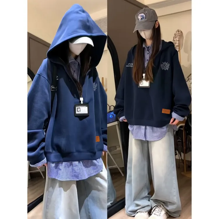 韩系学院风拼接格子衬衫假两件连帽卫衣女秋冬加绒加厚外套上衣潮