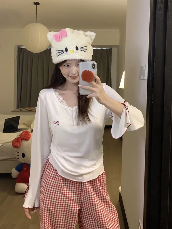 2025年新款甜美蕾丝边纯棉睡衣女春秋纯欲少女感带胸垫家居服套装