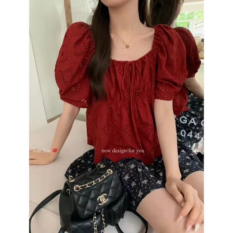 新袖 88093 法式甜美气质方领镂空系带小衫女泡泡袖短款显瘦上衣