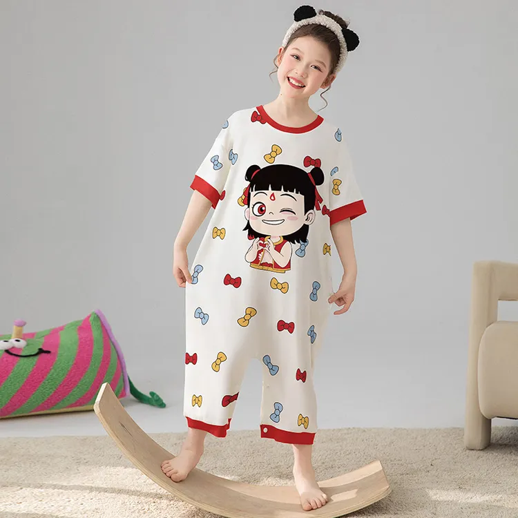 【莫代尔】夏季短袖儿童睡衣女童连体家居服女孩卡通莫代尔连身衣夏