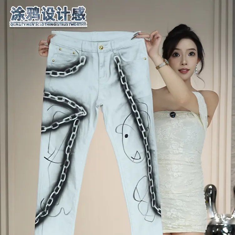 涂鸦男士牛仔裤秋冬新款修身小直筒高级感时尚潮流休闲长裤子男款